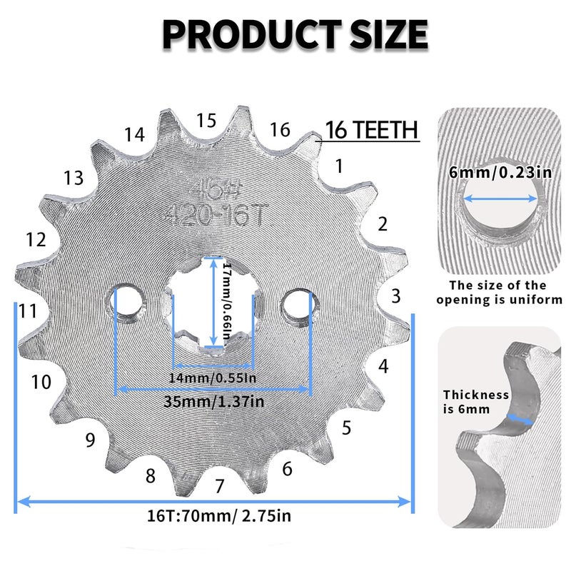 YDRANT 420 Chain Sprocket 16T Front Sprocket 17mm Compatible with 50cc 70cc 90cc 110cc 125cc 140cc15cc 160cc Lifan Loncin Dirt Bike, ATVs, Go Kart Sprocket - Image 2